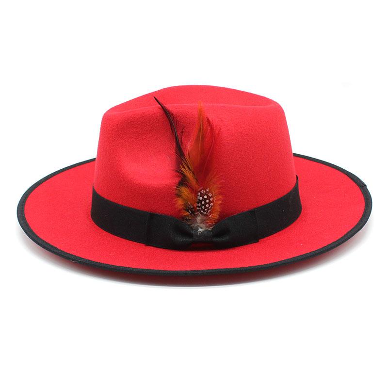 Red Woolen Hemming Top Hat Feather Jazz Hat