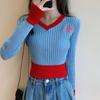 Women's V-neck Sweater Spring Autumn Long-sleeved Knitted Cropped Top Sweater Color-block Pullover Jumper
