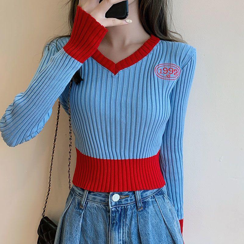 Women's V-neck Sweater Spring Autumn Long-sleeved Knitted Cropped Top Sweater Color-block Pullover Jumper