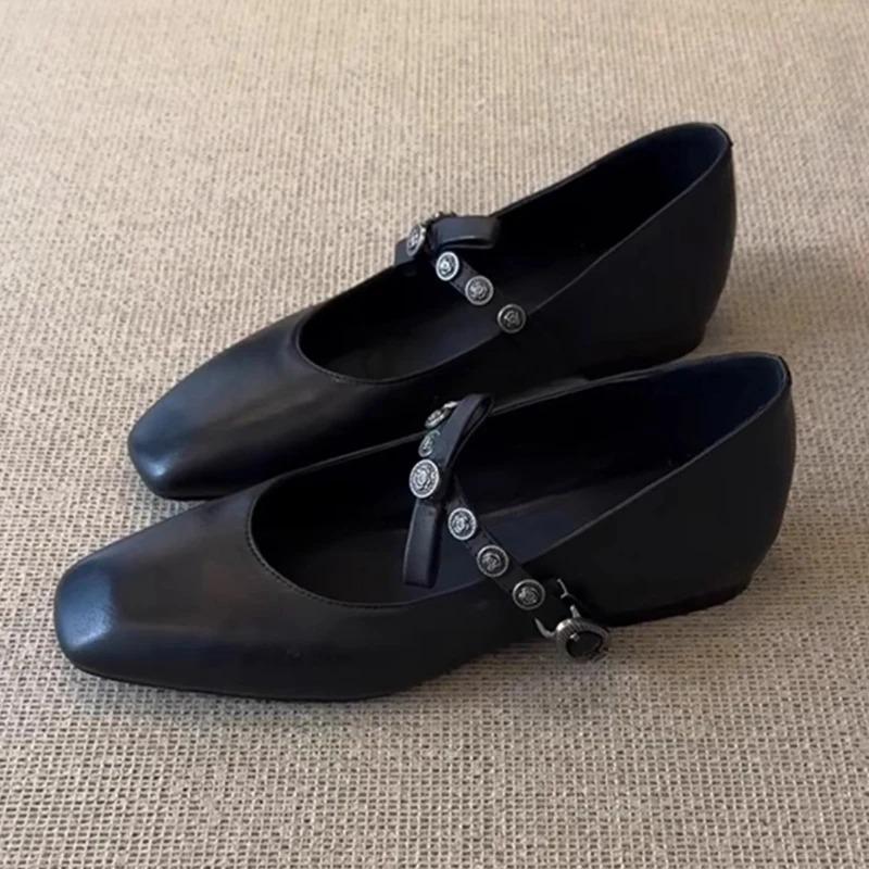Fashion Vintage Metal Decoration Mary Jane Flats Women Bowknot Square Toe Dress Pumps Elegant Office Brand Designer Shoes Sandals