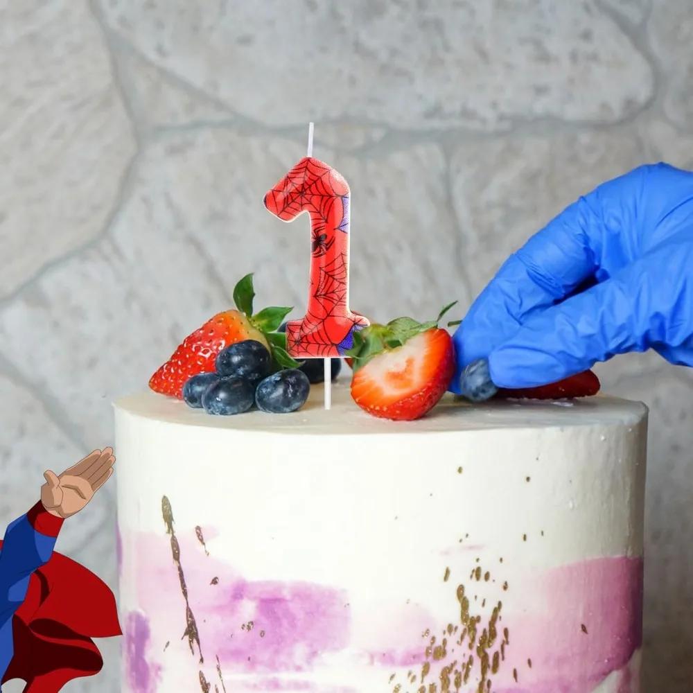 Red Blue Spider 1st Birthday Number Candles, Number 1 /2Candle Cake Topper Decorations for Spider Cartoon Themed Parties