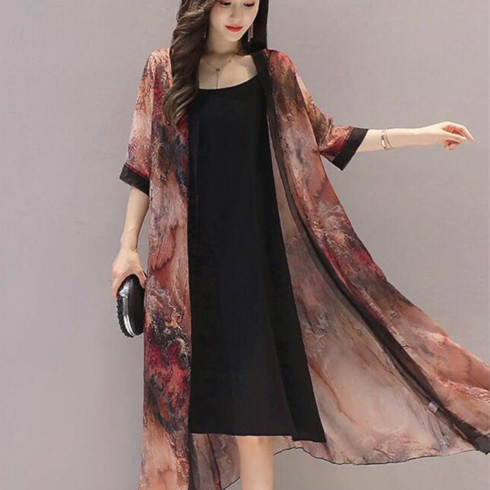 1 Piece of Chiffon Cardigan Mid-length Sunscreen Female Loose Casual Large Size Shawl Printed Air Conditioning Beach