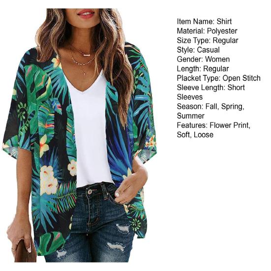 Women Beach Shirt Flower Print Thin Soft Short Sleeve Open Stitch Loose Breathable Sun Protection Anti-UV Lady Beach Cover-up