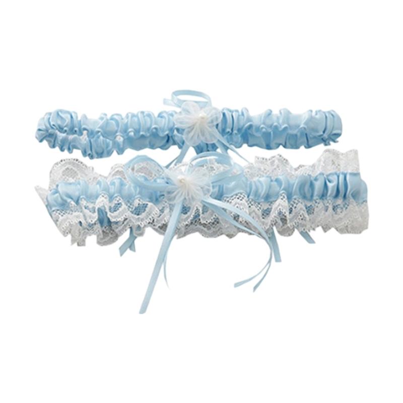 2Pcs Trimmed Lace Bowknot Bridal Garters Set for Engagement Party Accessory Gift
