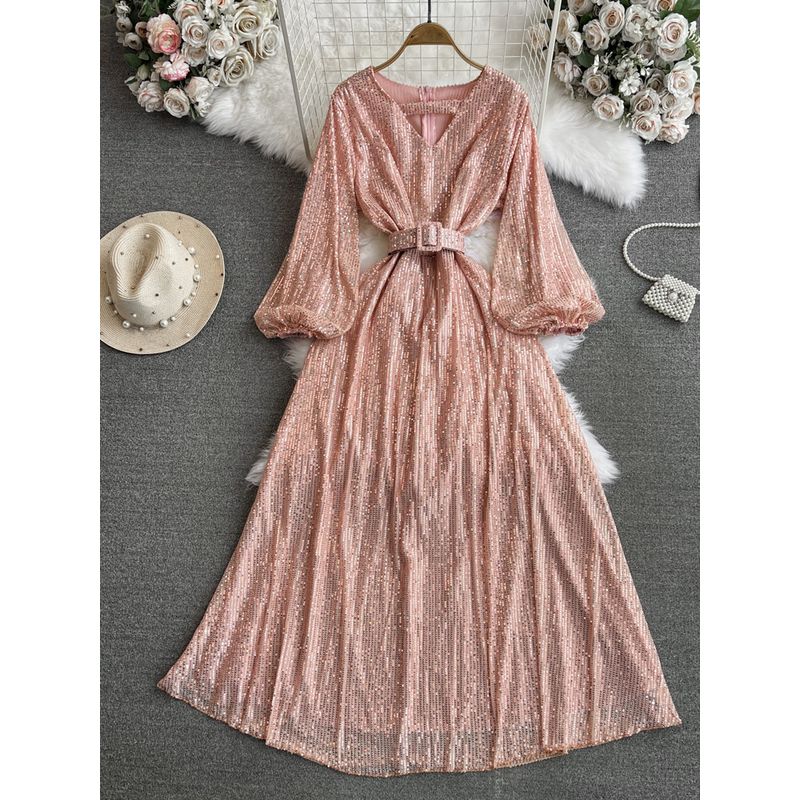 

Доступная роскошь Платье А-силуэта с длинным рукавом-фонариком Элегантность Пайетки Pink All yards