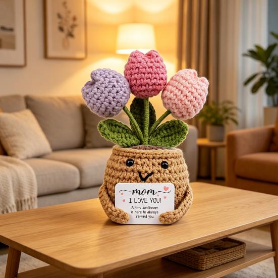 Regalos de Agradecimiento Positivos de Ganchillo Tulipán Flor Silvestre para Mujeres Mamá Amigas Muñeca de Flor en Maceta Hecha a Mano con Tarjeta Regalo de Apoyo Emocional para el Día de la Madre