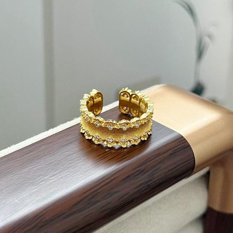 Medieval Vintage Flower Butterfly Brushed Opening Ring Light Luxury Niche Exquisite Zircon High-End Ring Woman