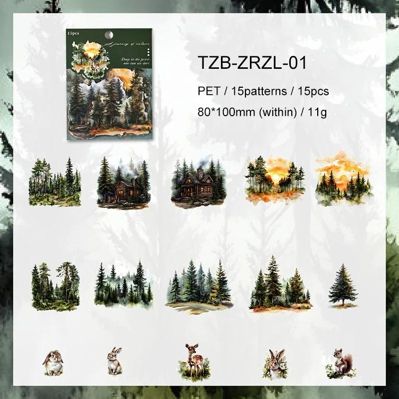 15pcs/bag Nature Journey Series Vintage Forest Tree Beach Landscape Material Collage PET Sticker Creative DIY Journal Stationery