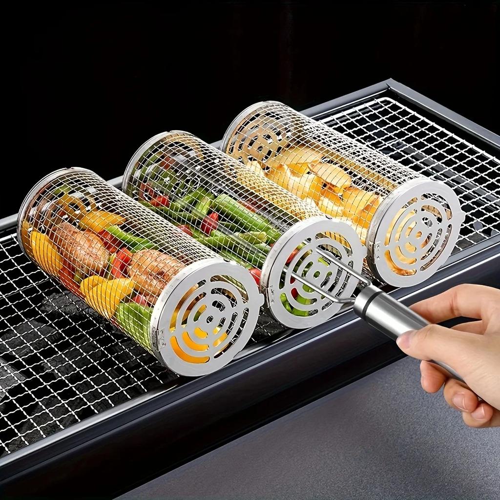 BBQ Rollender Grillkorb - Großer runder Maschen-Grillkäfig für Gemüse-Fischscheiben - Perfekt für Picknick im Freien, Camping, Backen