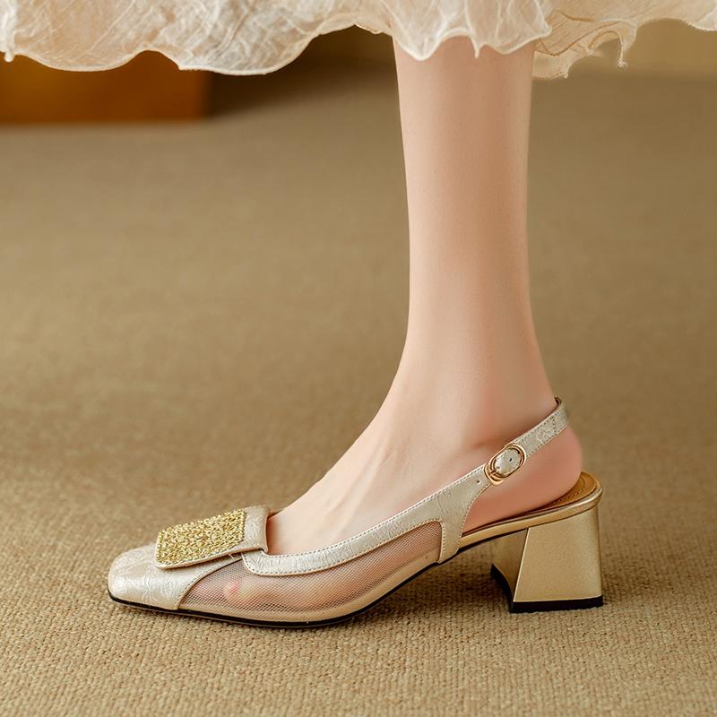 Fashion Women's New Summer Square Head Genuine Leather Cowhide Breathable Mesh Metal Jewelry High Heel Large Headed Muller Sandals