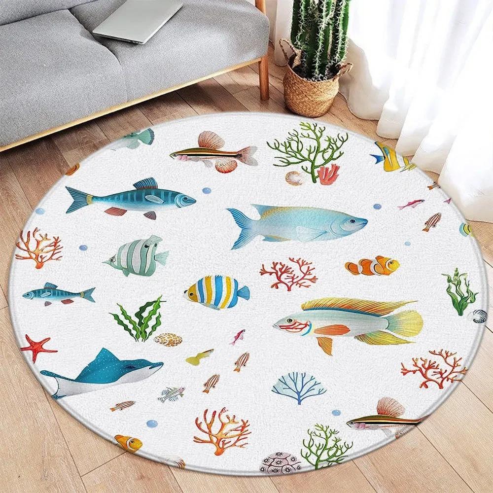 Wildlife Cartoon Animals Round Carpet Cute Dinosaur Whale Themed Kids Bedroom Rug Home Living Room Decorative Floor Mats