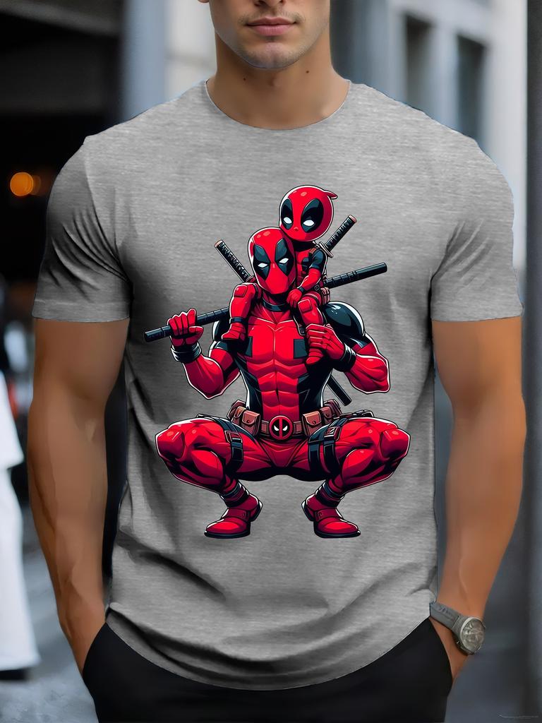 Men'S Marvel Deadpool Graphic T-Shirt - Black Casual Crew Neck Tee with Red & Black Design, Breathable & Lightweight for Summer