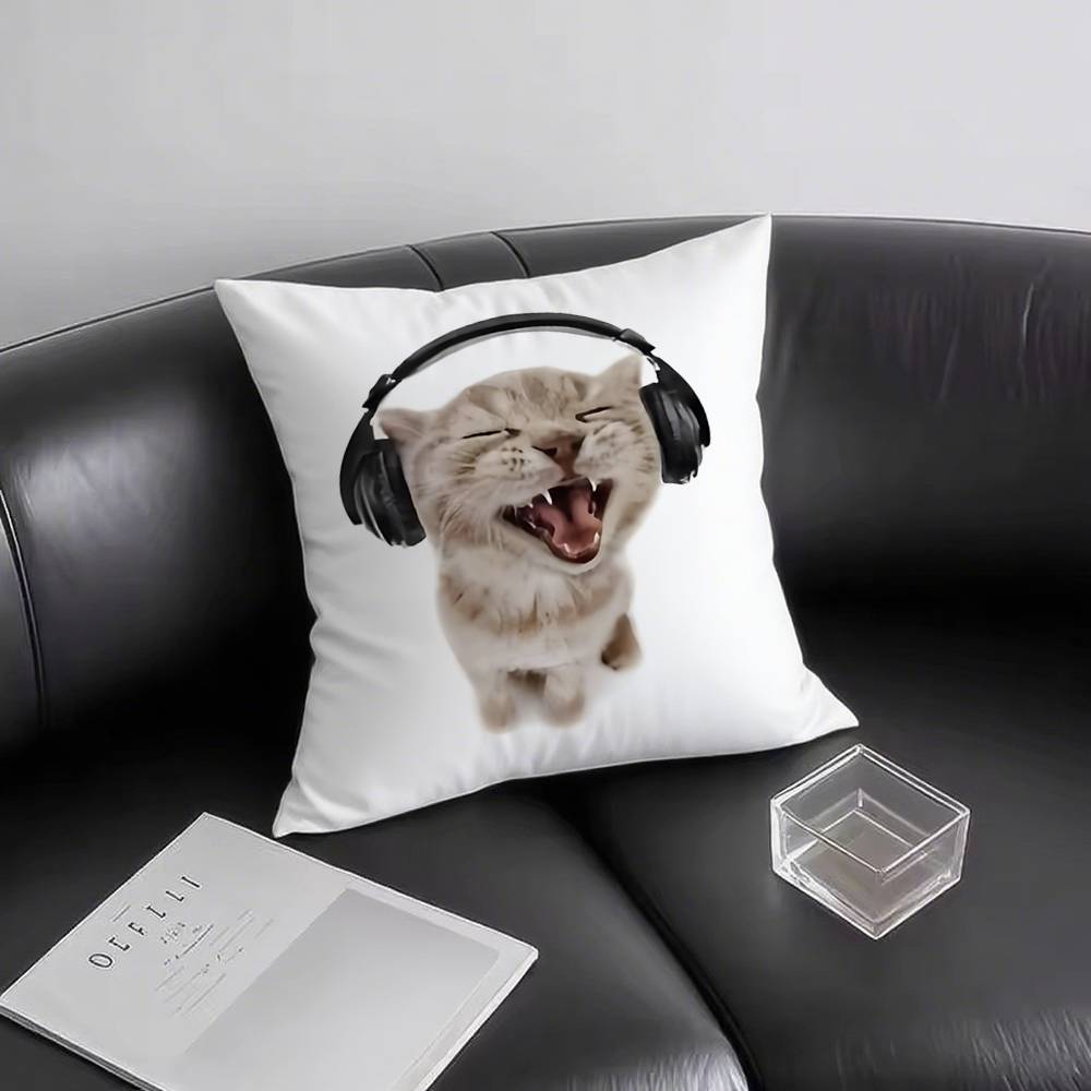 1pc Kitten With Headphones Pillow Case Square Bedroom Sofa Leisure Comfort Cushion Car Living Room Home Decoration