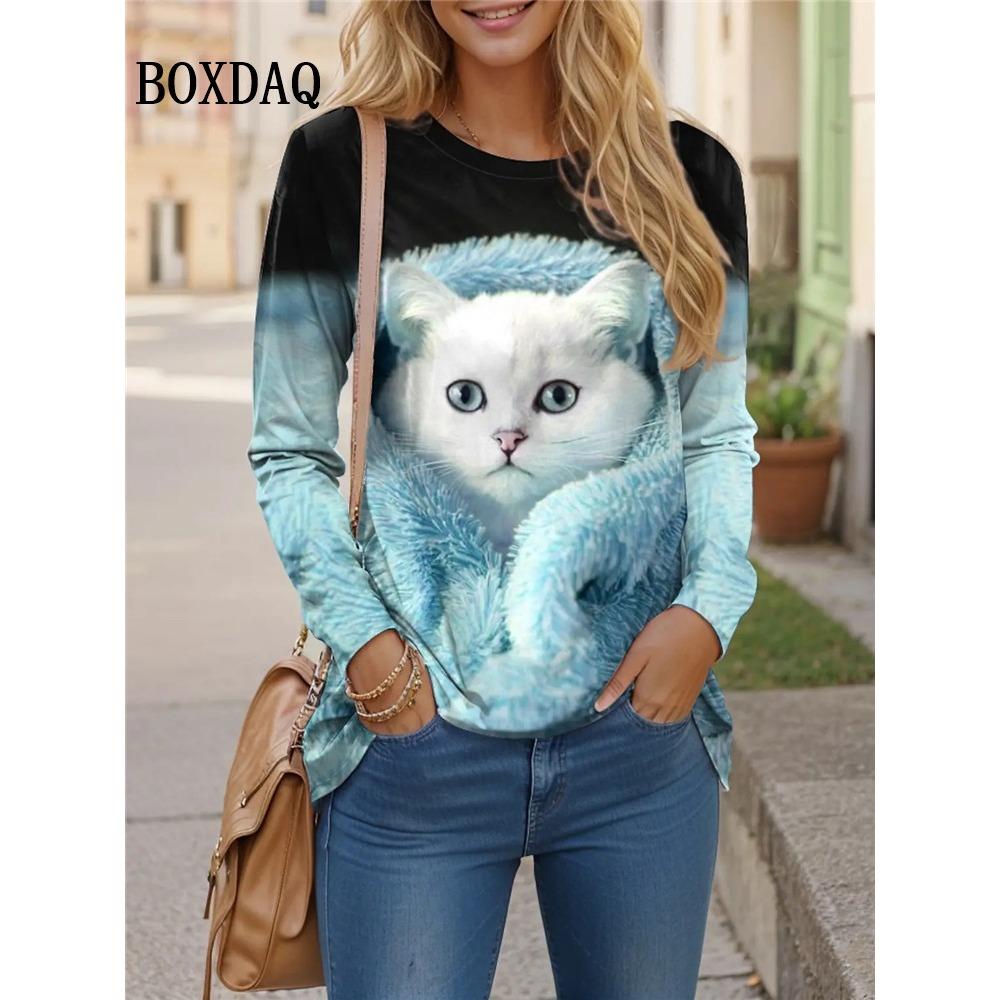 Contrast Color Classic Black White Cat Print T Shirt Women Cute Fashion Long Sleeve Tops Oversized Casual Streetwear Loose Shirt