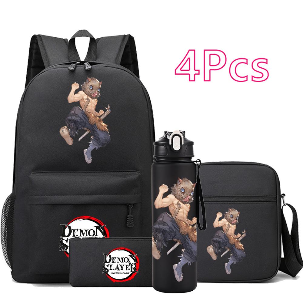 4 st/set Anime Demon Slayer Tryckt Ryggsäck Skolväska Axelväska Fodralväska med 750 ml Vattenflaska Pojke Flicka Stor Kapacitet Vattentät Skolväska