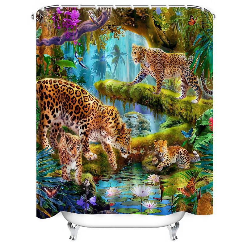 Tropical Rainforest Theme Waterproof Mold-proof Shower Curtain Home Decor Leopard Pattern Bath Curtain Creative Bathroom Item