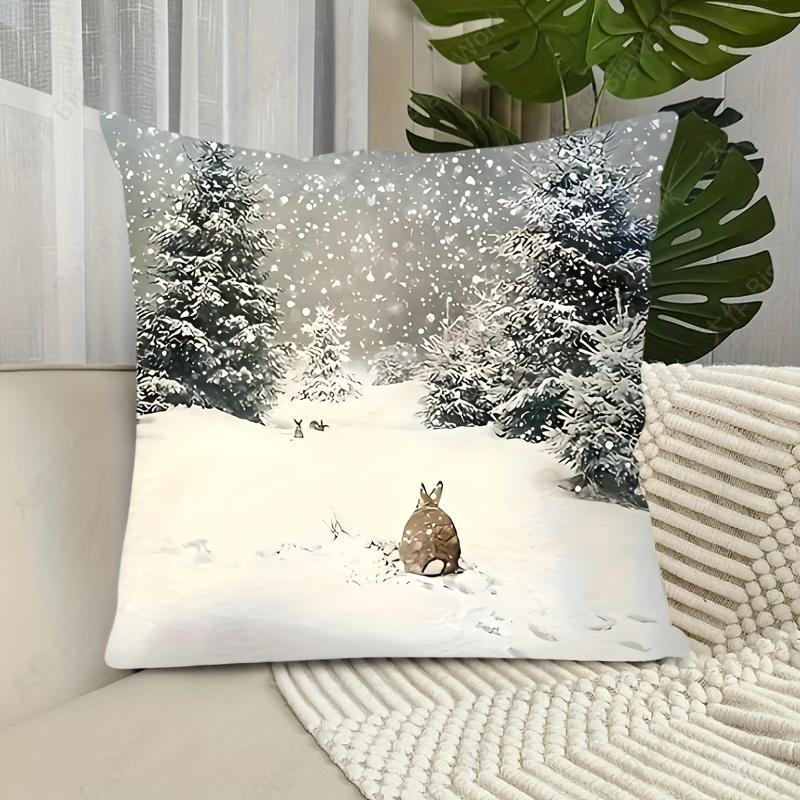 

1Pc Contemporary Style Throw Pillow Cover with Winter Rabbit and Snowflakes Design - Machine Washable, Zippered Closure,Woven Polyester 17.7x17.7 inch 37C26