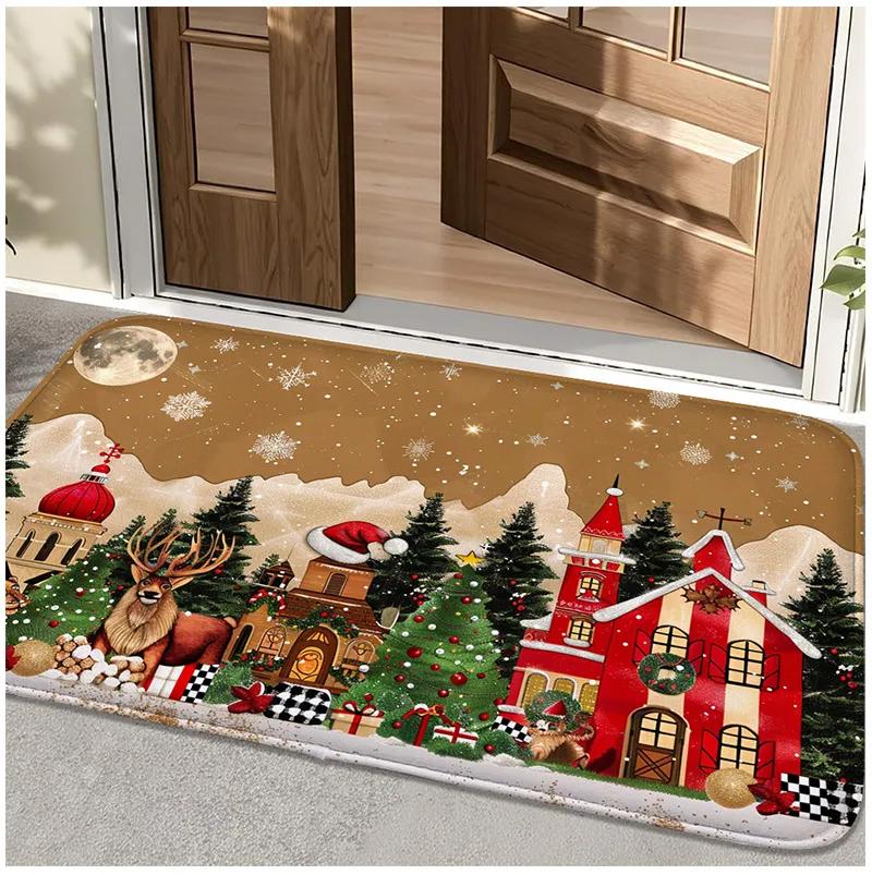 VIKAMA Christmas Carpet Snow Scene Doormat Festive Welcome Mat Warm Living Room Carpet Winter Rug For Bedroom Home Decoration