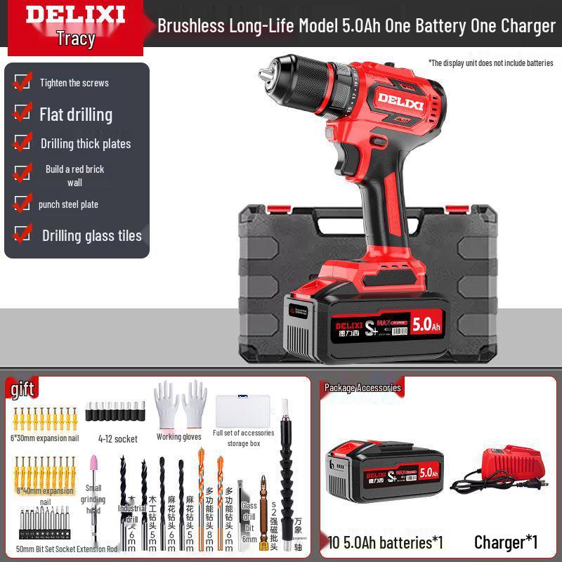 Delixi Rechargeable Brushless Impact Drill & Screwdriver with Lithium Battery for Household Use