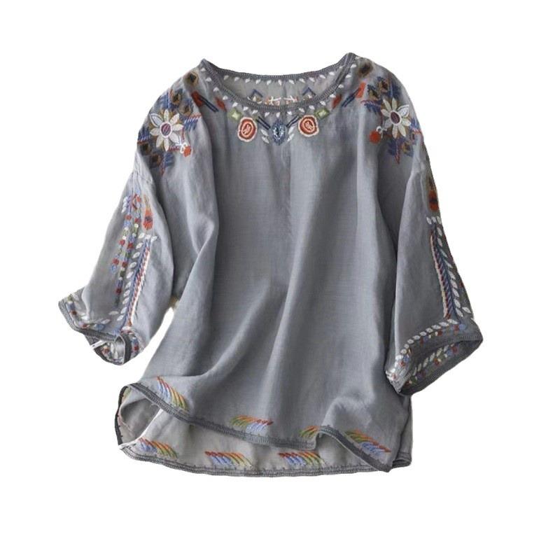 Damen Sommer Ethno-Stil Locker Stickerei Baumwolle und Leinen T-Shirt Dünne Ärmel Rundhals Tops
