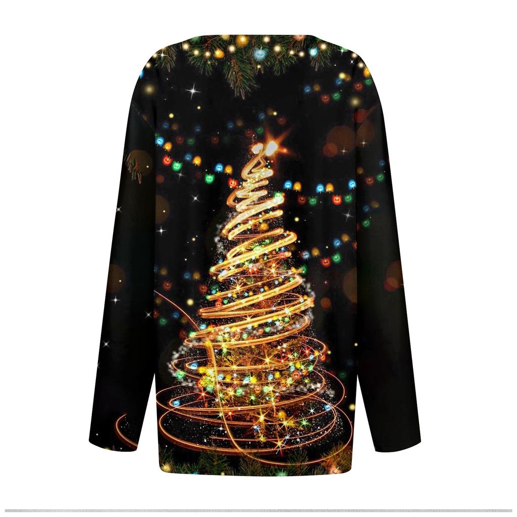 Women's T Shirt Tee Button Christmas Print Long Sleeve Daily Weekend Fashion Basic V Neck Regular Top