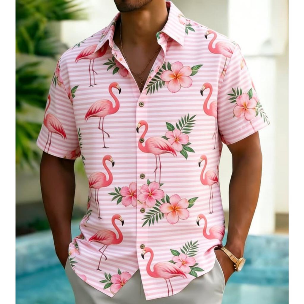 Men's Striped Tropical Element Print Shirt, Exotic Hawaiian Casual Design for Summer Vacation, Daily Wear & Street Style