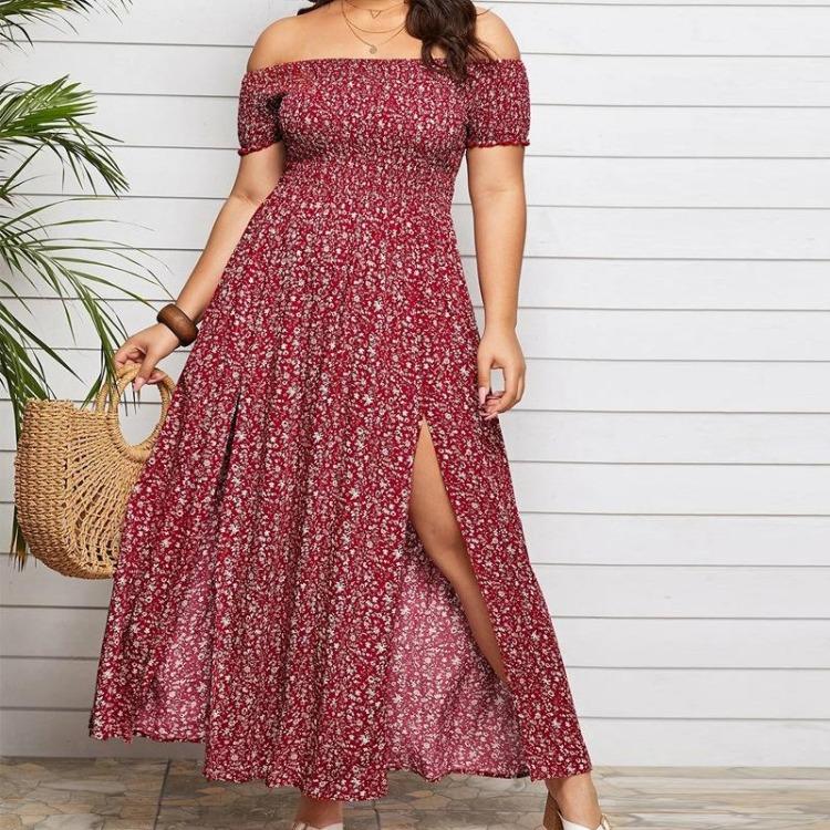 Plus Size Summer Dress Bohemian Casual Strapless Long Floral Printed One Neck Split Dress