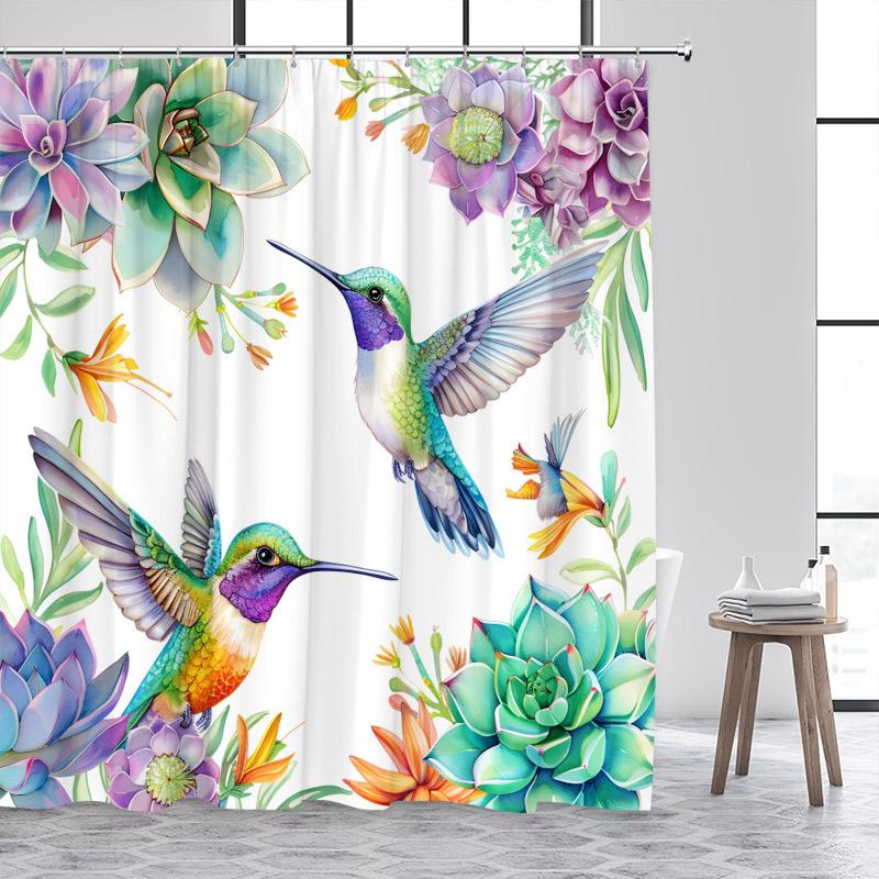 Hummingbird Shower Curtain Watercolour Floral Purple Lavender Butterfly Plant Polyester Fabric Bathroom Curtain Decor With Hooks