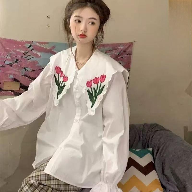 Flower Patterned Women's Shirt Embroidery Design Single Breasted Famale Loose Shirts Spring Casual Lady Long Sleeved Top