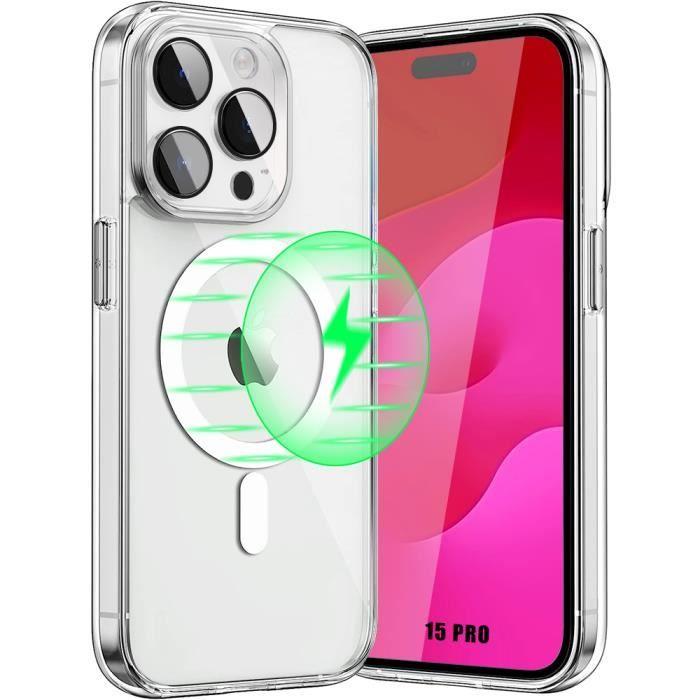 Coque pour iphone 15 pro avec cercle magnétique et vitre protection caméra, coque rigide transparent antichoc