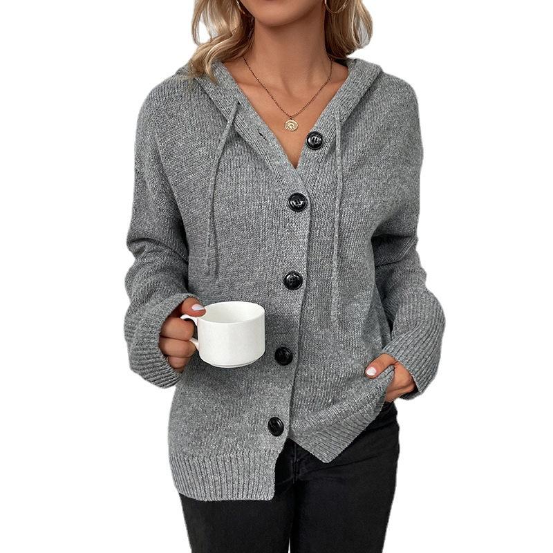 Solid Color Hooded Single Breasted Sweater Women's Autumn and Winter New Drawstring Knitted Cardigan Coat Women