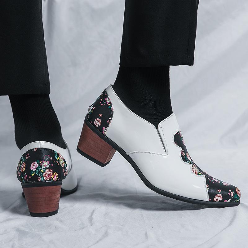 Men's Ethnic Style Autumn Floral Leather Shoes - Pointed Toe, Increased Height, Large Size, Formal & Casual, European & American Design.