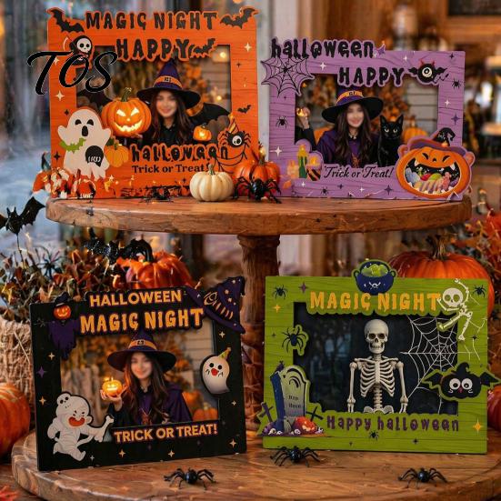 Indoor Festival Decorations Halloween Wooden Photo Frame, Double Layer Wood Tabletop Picture Holder, Holiday Table Creative Display Stand for