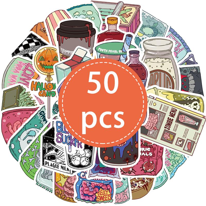 

50PCS Zombie Food Stickers Cute Horror Snack Decals Spooky Halloween Decals Waterproof Vinyl Sticker Water Bottles Laptop
