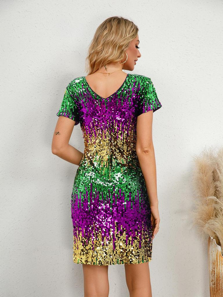 10542 European & American Gradient Sequin V-neck Backless Mini Party Dress
