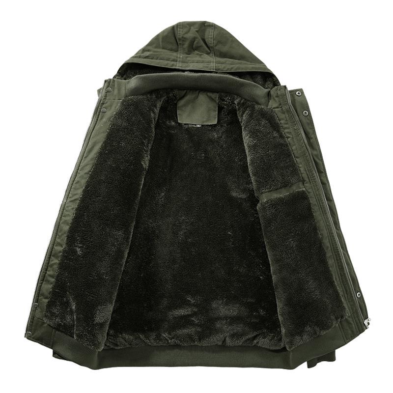 Men's Hooded Military-Style Washed Cotton Jacket with Velvet Lining