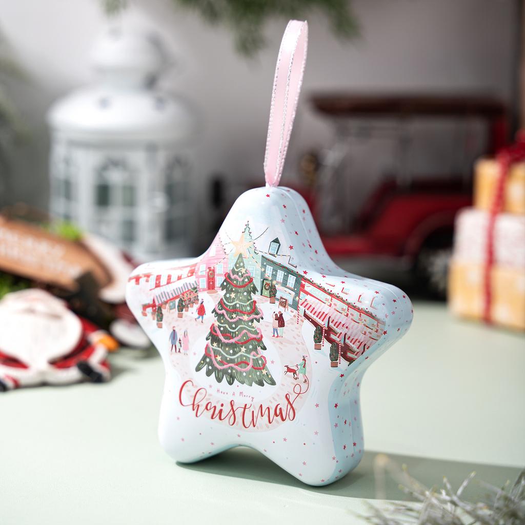 Christmas Tin Box Star Shaped Chocolate Cookies Candy Box With Hanging Rope Christmas Storage Box Ornaments Gifts