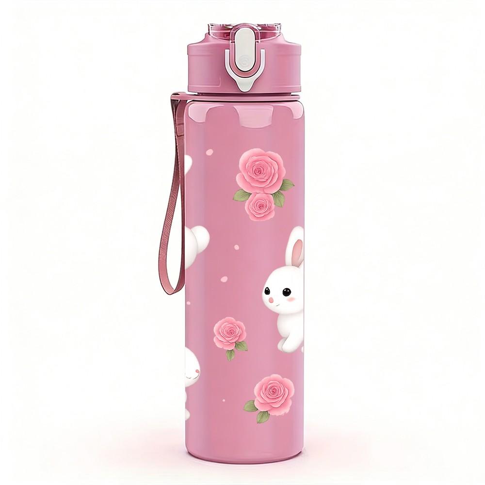 1PC Cute Bunny Floral Easter Pattern 750ml Color Plastic Sports Water Bottle Leakproof Flip Straw Lid Suitable for Sports Office Home Use