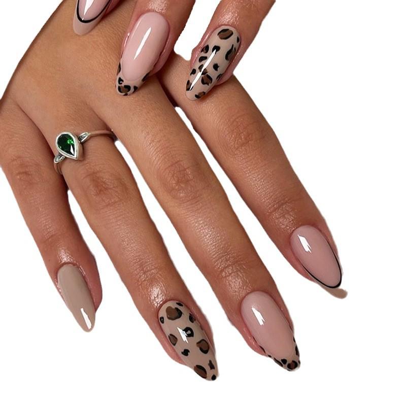Almond-Shaped Leopard Print French Edge Wearable Nail Art Tips - 24 Pcs Bestseller