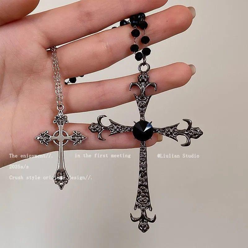 Korean Niche Design Silver Cross Necklace Female Long Clavicle Punk Retro Hottie Y2k Neck Jewelry