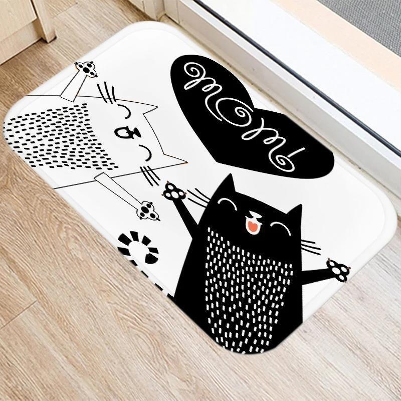 Cute Cartoon Cat Faces Carpet Black White Kawaii Minimalist Home Decoration Rug Kitchen Balcony Living Room Non-slip Floor Mat