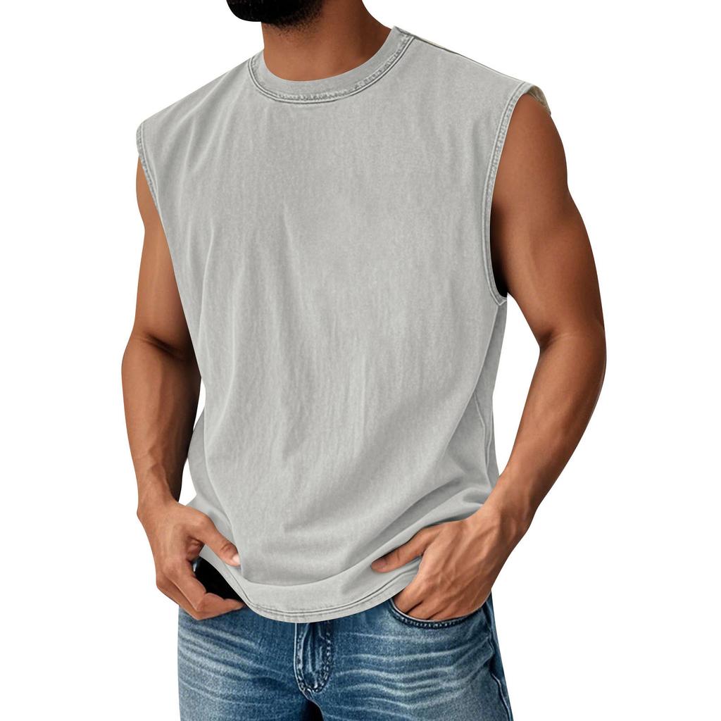 Men’s Crew Neck Sleeveless Vintage Style Top Relaxed Fit Casual Comfort Tank Distressed Look Soft Fabric Durable Stitching
