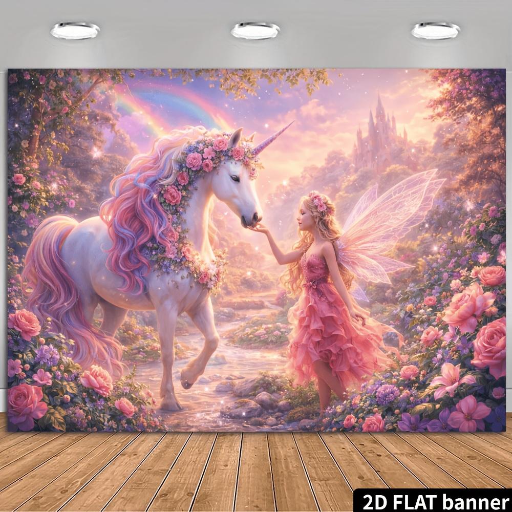 2D flat fantasy unicorn and fairy themed banner background and rainbow flow interactive scene 150X100
