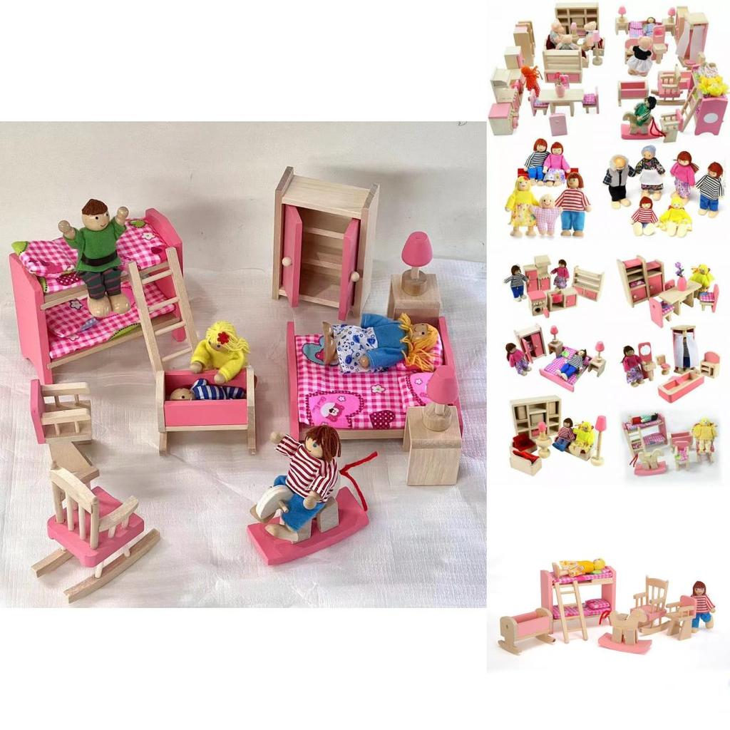 Entzückendes Holzpuppenhaus-Möbelset für Kinder mit farbenfrohen Schlafzimmer-, Küchen- und Wohnzimmer-Accessoires