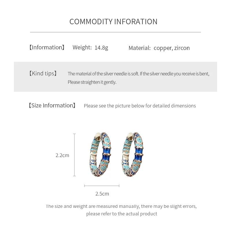 New Retro Luxury Blue Zircon Hoop Earrings for Women Geometric Round Ear Buckle Loop Earrings Female Fashion Party Jewelry Gifts
