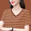 Sommer V-Ausschnitt Oberteil Baumwolle Gestreift Kurzarm T-Shirt Damen Locker T-Shirt