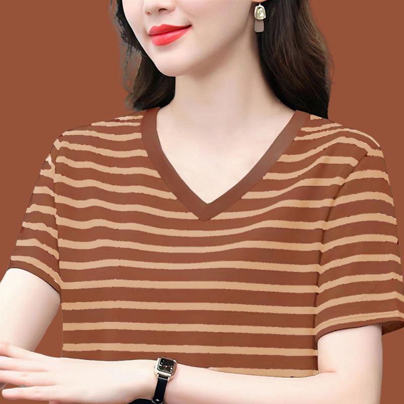 Sommer V-Ausschnitt Oberteil Baumwolle Gestreift Kurzarm T-Shirt Damen Locker T-Shirt