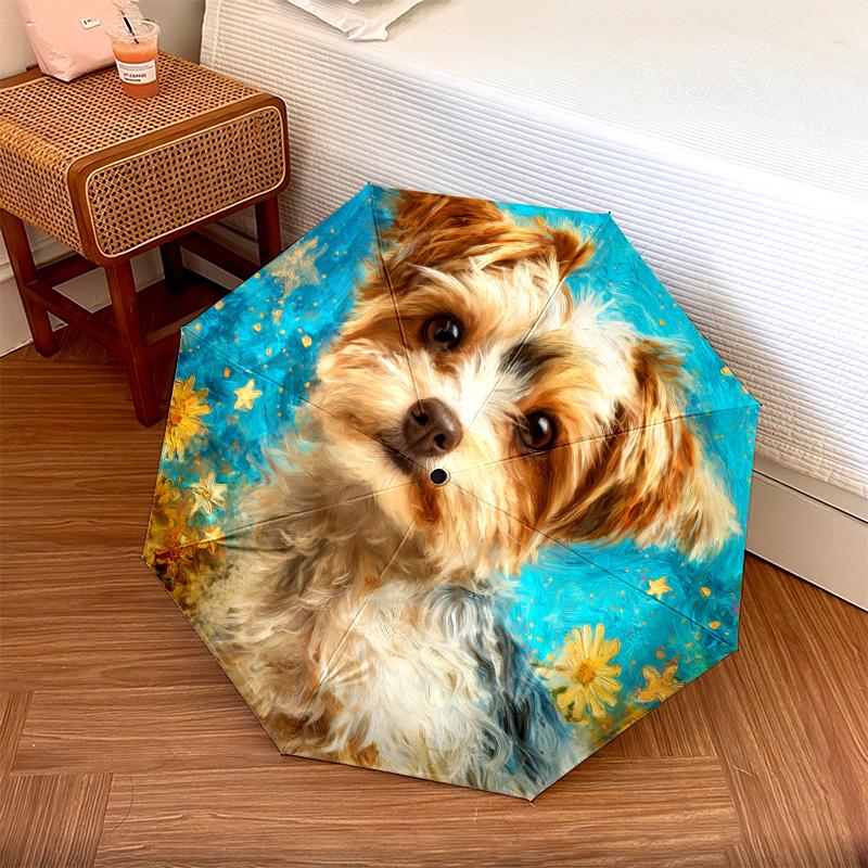 0106 Floral Dog  pattern, automatic folding umbrella, portable and foldable design, 8 ribs, a Christmas or birthday gift.