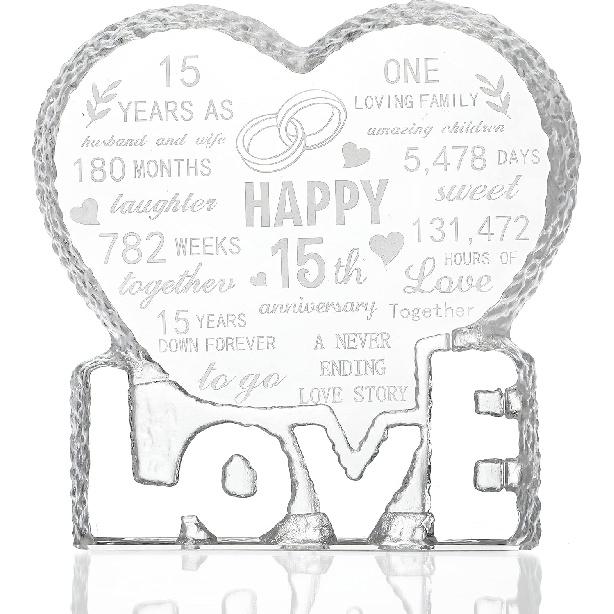 H&D HYALINE & DORA 15 Year 15th Wedding Anniversary Paperweight, Crystal Sculpture Keepsake Gifts, Personalized Crystal Engraved Heart Marriage
