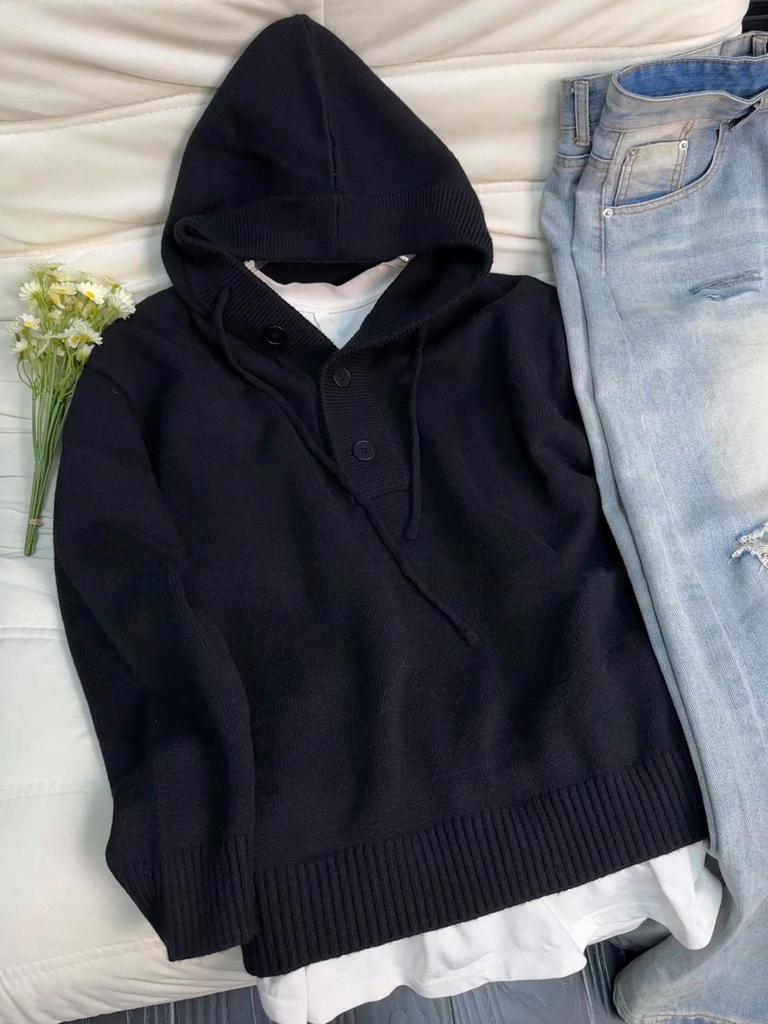 Men's Deep Gray Heavyweight Hooded Henley Pullover Knitwear - Autumn/Winter High-End Outerwear